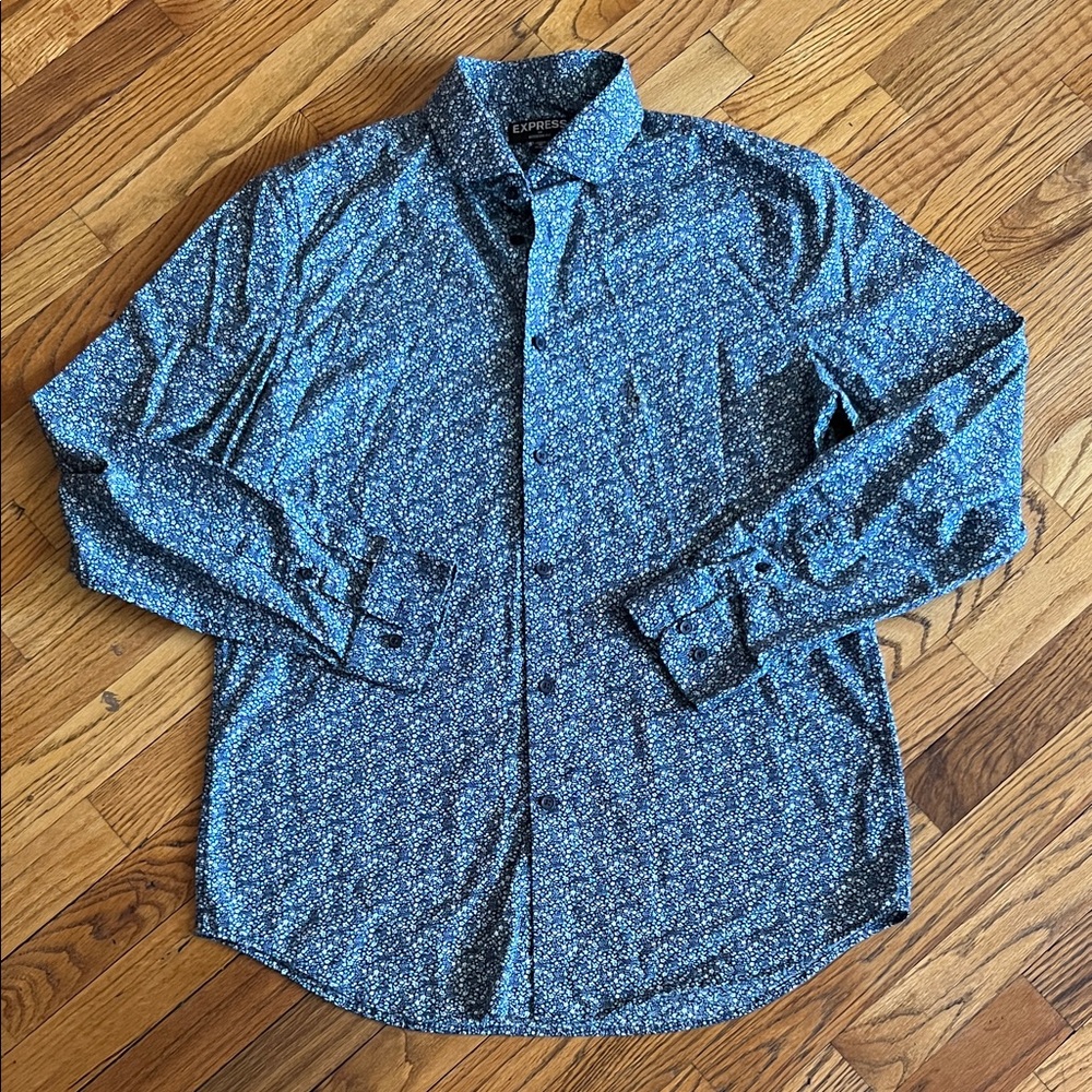 Express Men’s Blue Micro Floral Button-Down Shirt